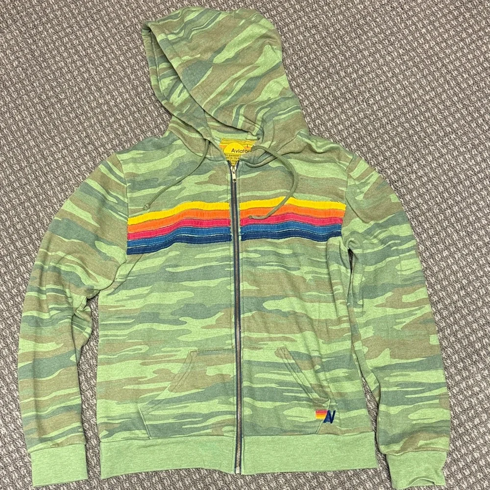 Aviator Nation Green Camo Jacket with Rainbow Stripe sz L - Picture 1 of 6